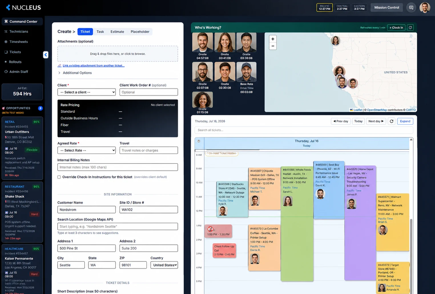 Command Center — Dispatch, live technician tracking, and scheduling in one view.