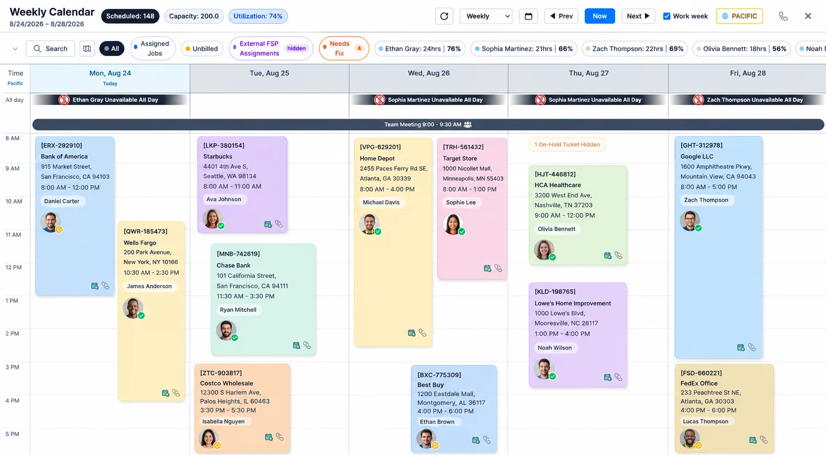 Dispatch & Scheduling — Assign a week of work across the whole workforce at a glance.